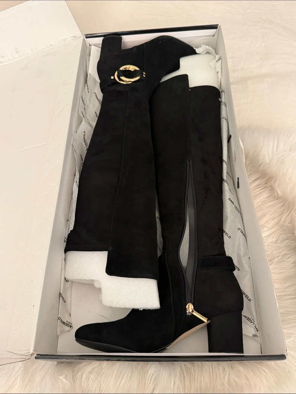 Karl Lagerfeld Black Suede Over-the-Knee Boots with Gold Ring Detail. NWOT
